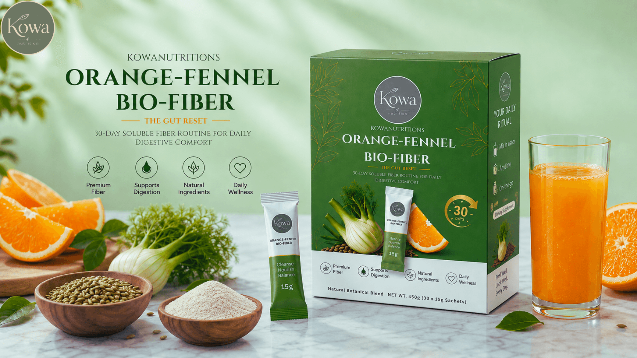 KOWA Orange-Fennel Bio-Fiber 30-day box, single sachet, and a glass of prepared juice on marble counter with fresh orange, fennel, and ingredient bowls