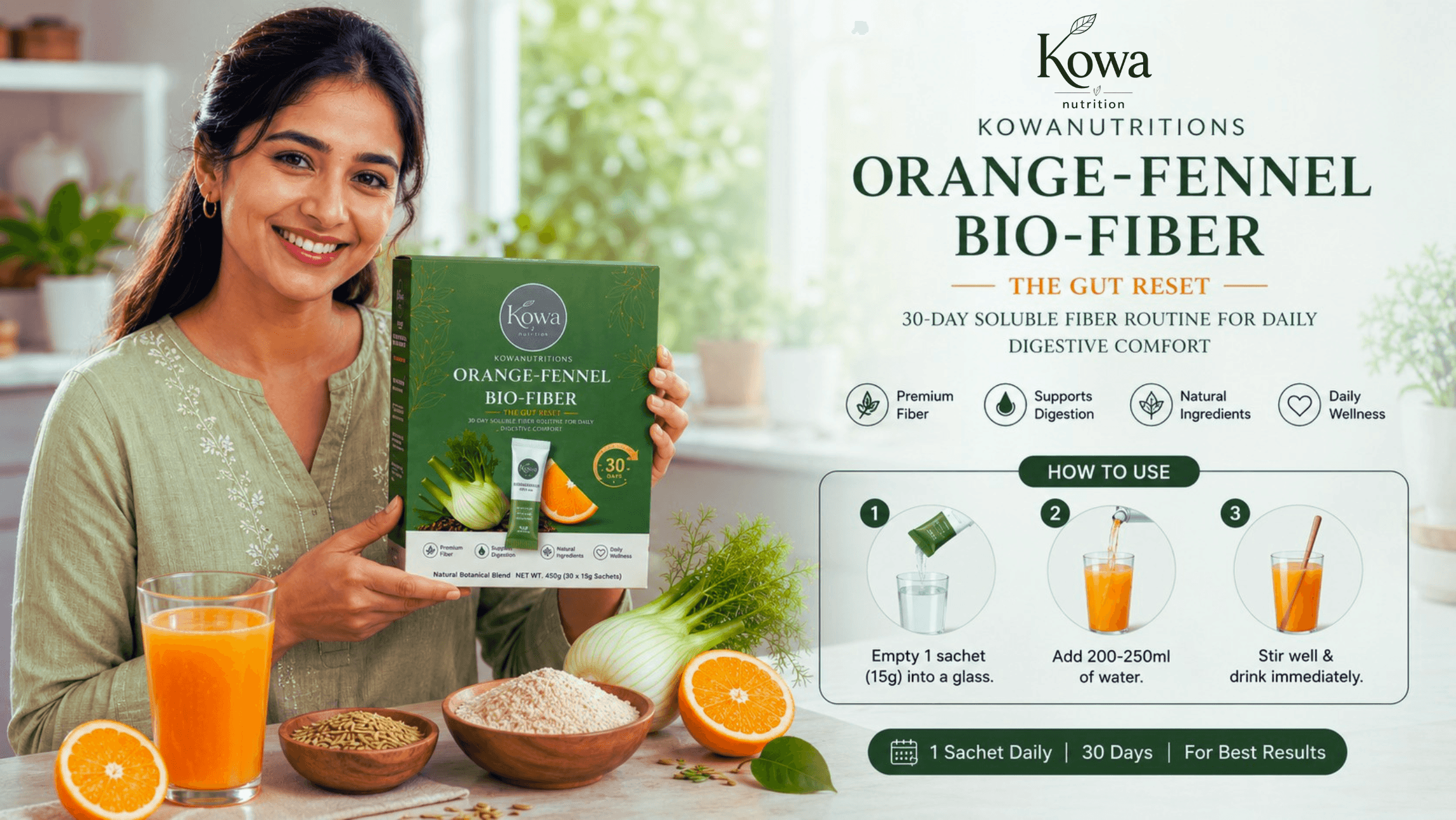 KOWA Orange-Fennel Bio-Fiber daily ritual: a woman holding the box beside the 3-step HOW TO USE guide (empty one sachet, add 200-250ml water, stir and drink). Footer reads 1 Sachet Daily, 30 Days, For Best Results.