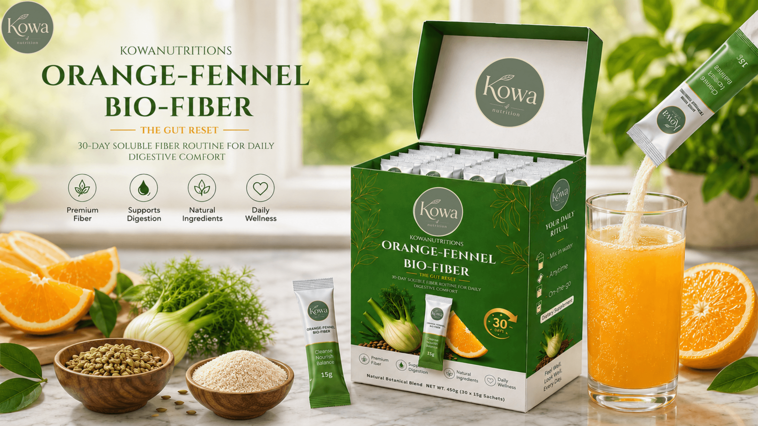 KOWA Orange-Fennel Bio-Fiber 30-day box, sachet, and prepared orange juice with fresh fennel and seeds