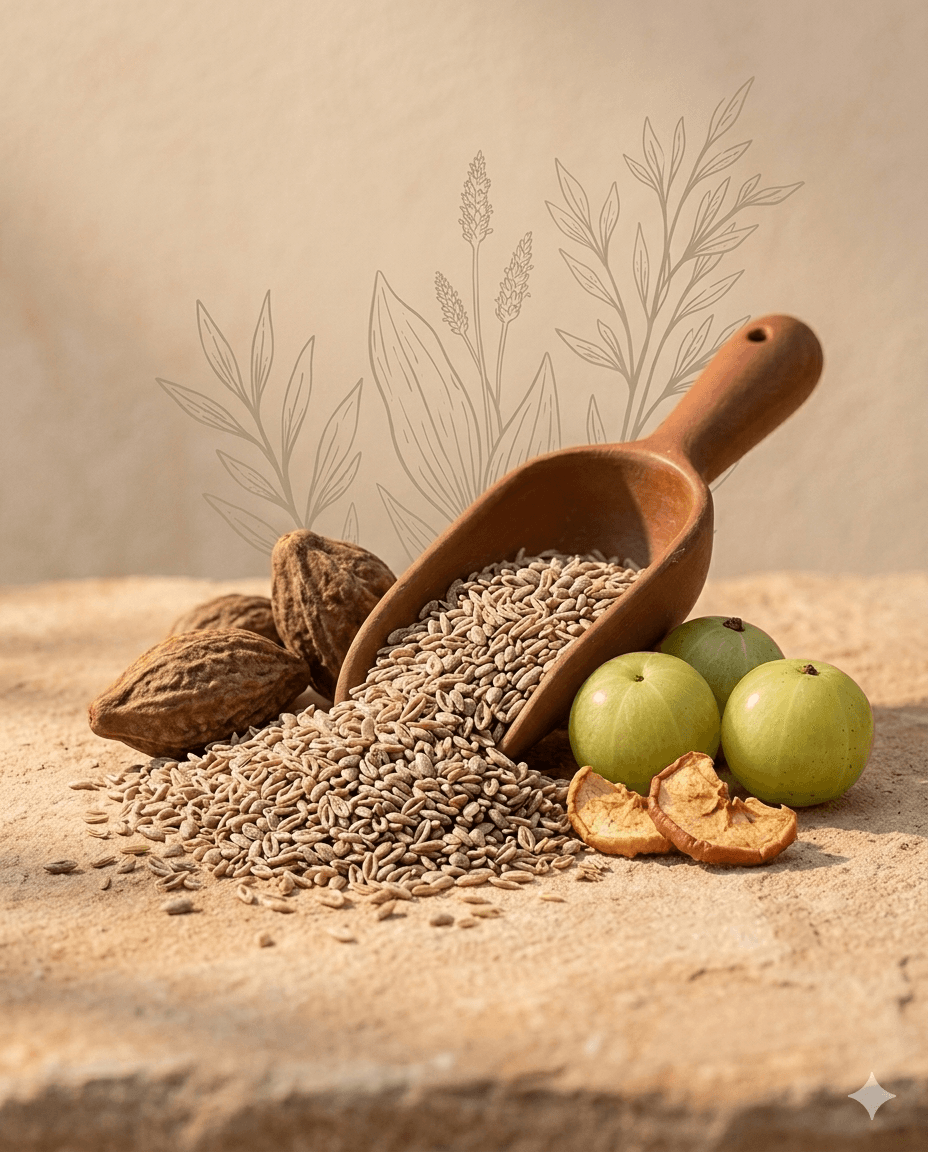 Psyllium seeds in a wooden scoop alongside Amla fruits and walnuts on a stone surface with botanical line art (KOWA sourcing heritage)